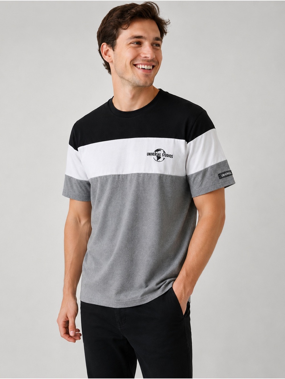 Universal Studios Men’s Colorblock Crewneck T-Shirt - Black/White/Gray